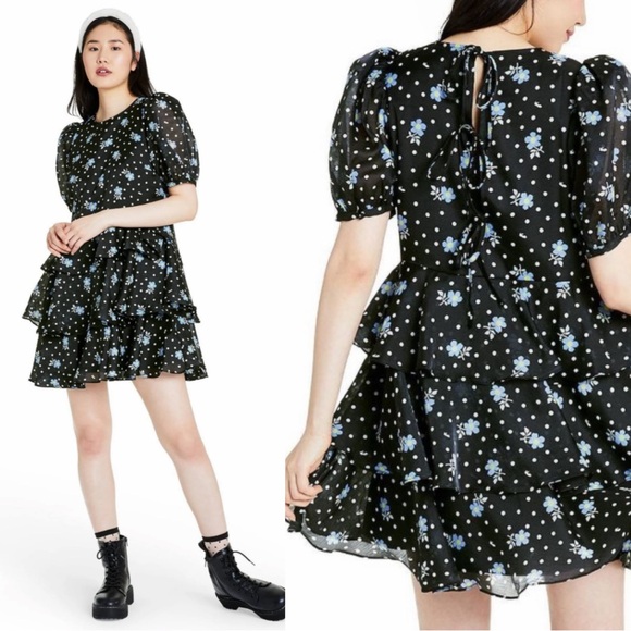 Target Dresses & Skirts - Sandy Liang x Target Black Polka Dot Dark Floral Chiffon Tiered Mini Dress M